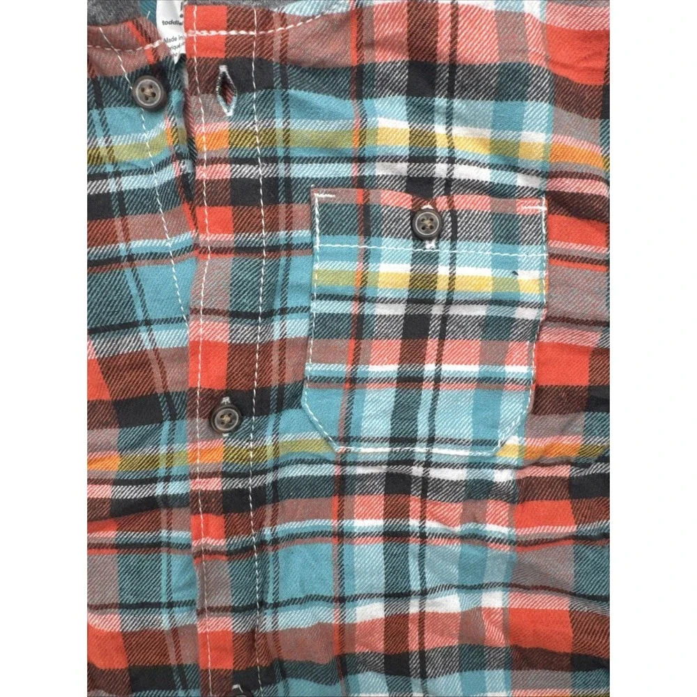 Carters Boys 5T Long Sleeve Button-Up‎ Shirt Hooded Plaid Orange Blue Yellow NWT